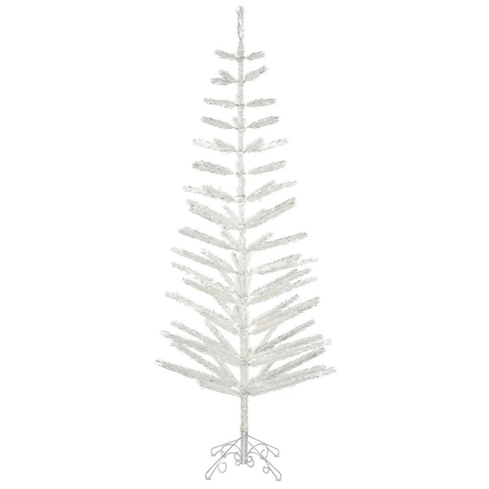 A bare silver aluminum Christmas tree in the mid century modern style